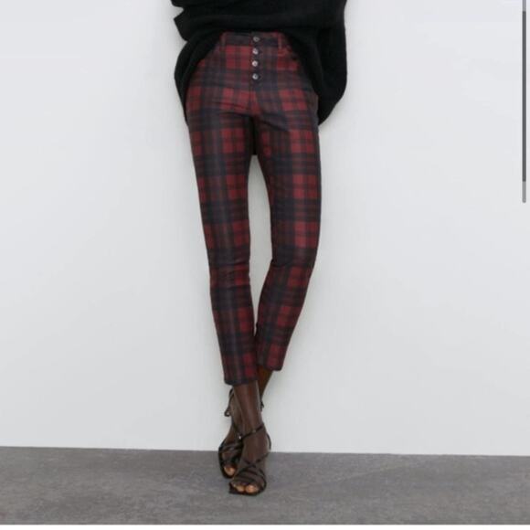 Zara Red and Black Plaid Check Skinny Pants Jeans Trousers Size - Picture 2 of 7
